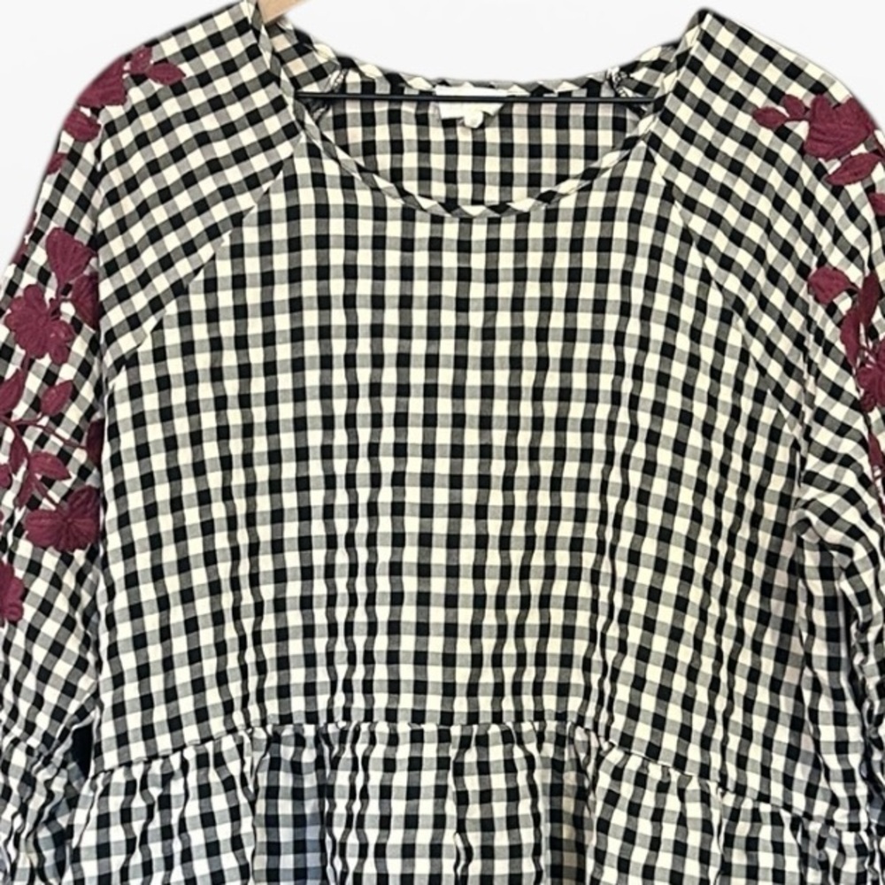 Layerz Clothing Embroidered Top Pink Black Gingham Peasant Ruffled Size XL - Picture 8 of 11